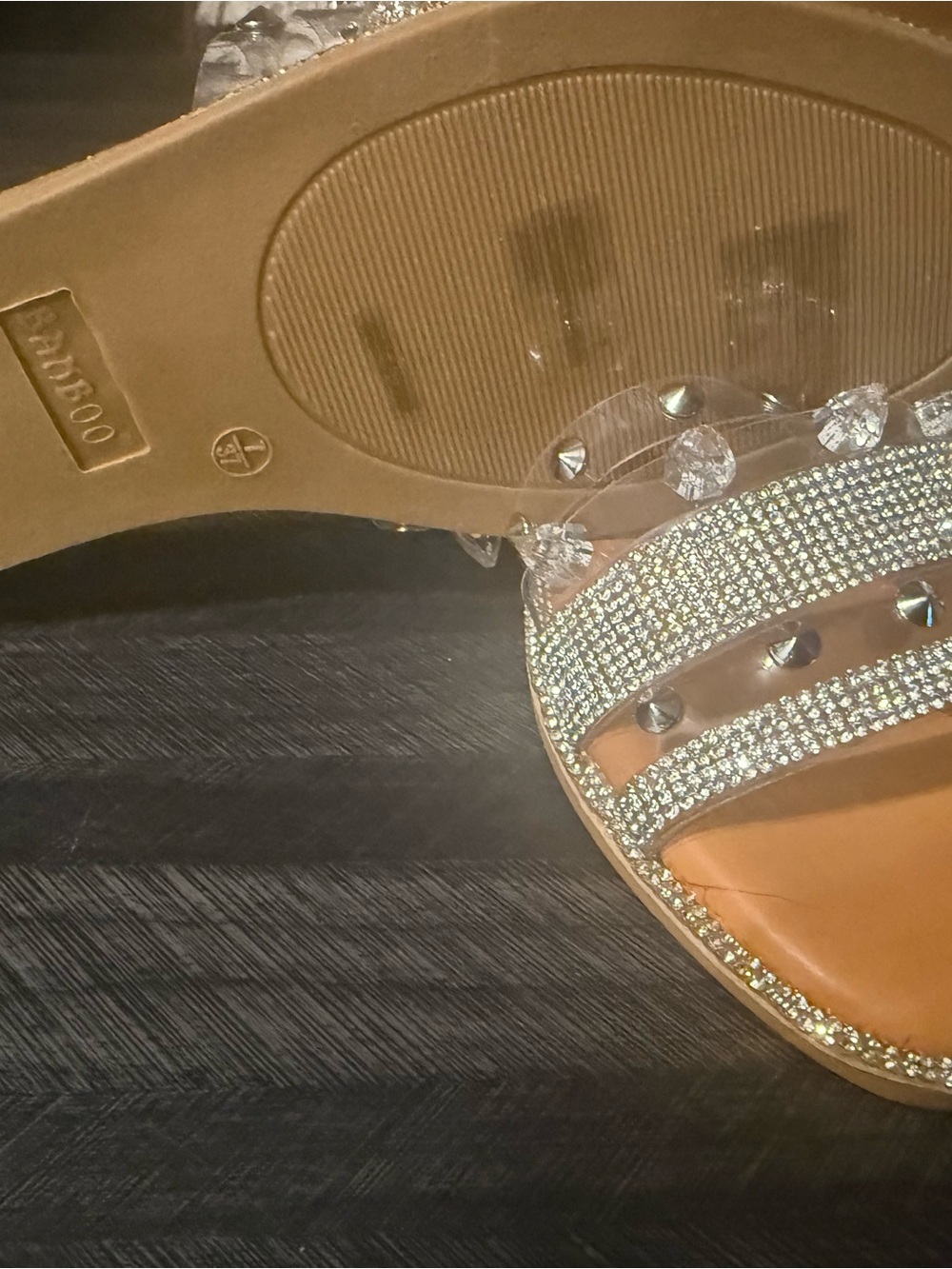 Bamboo Crystal Embellished Clear Strap Flat Sandal - Tan NEW in package